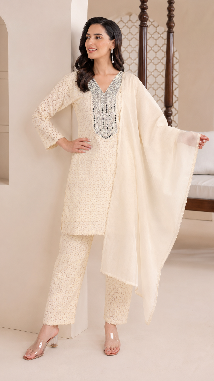 Cream ivory women’s embroidered salwar kameez suit with matching trousers and plain dupatta, elegant Asian ethnic wear by Diya Online