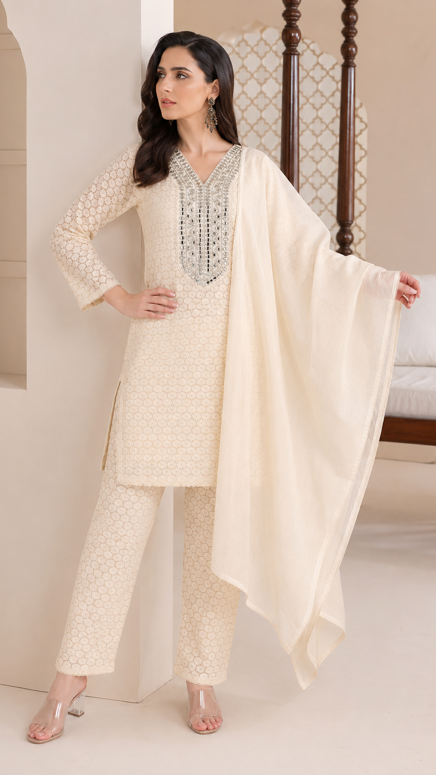 Cream ivory women’s embroidered salwar kameez suit with matching trousers and plain dupatta, elegant Asian ethnic wear by Diya Online