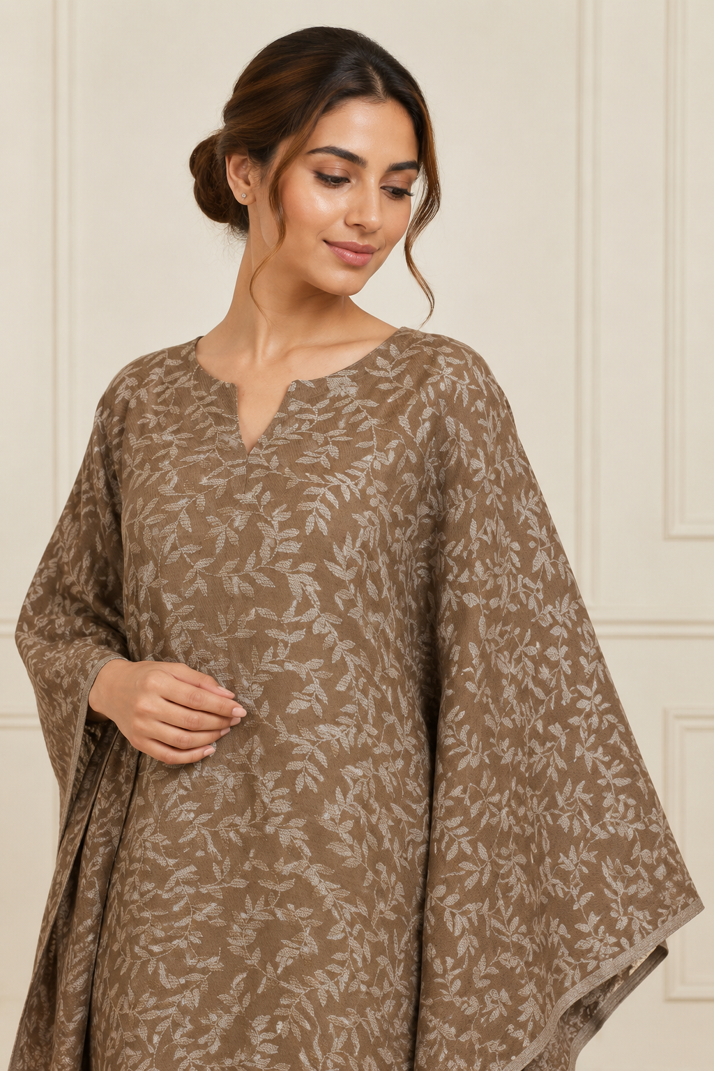 Taupe brown women’s poncho style salwar kameez suit with leaf print and matching trousers, modest Asian ethnic wear by Diya Online