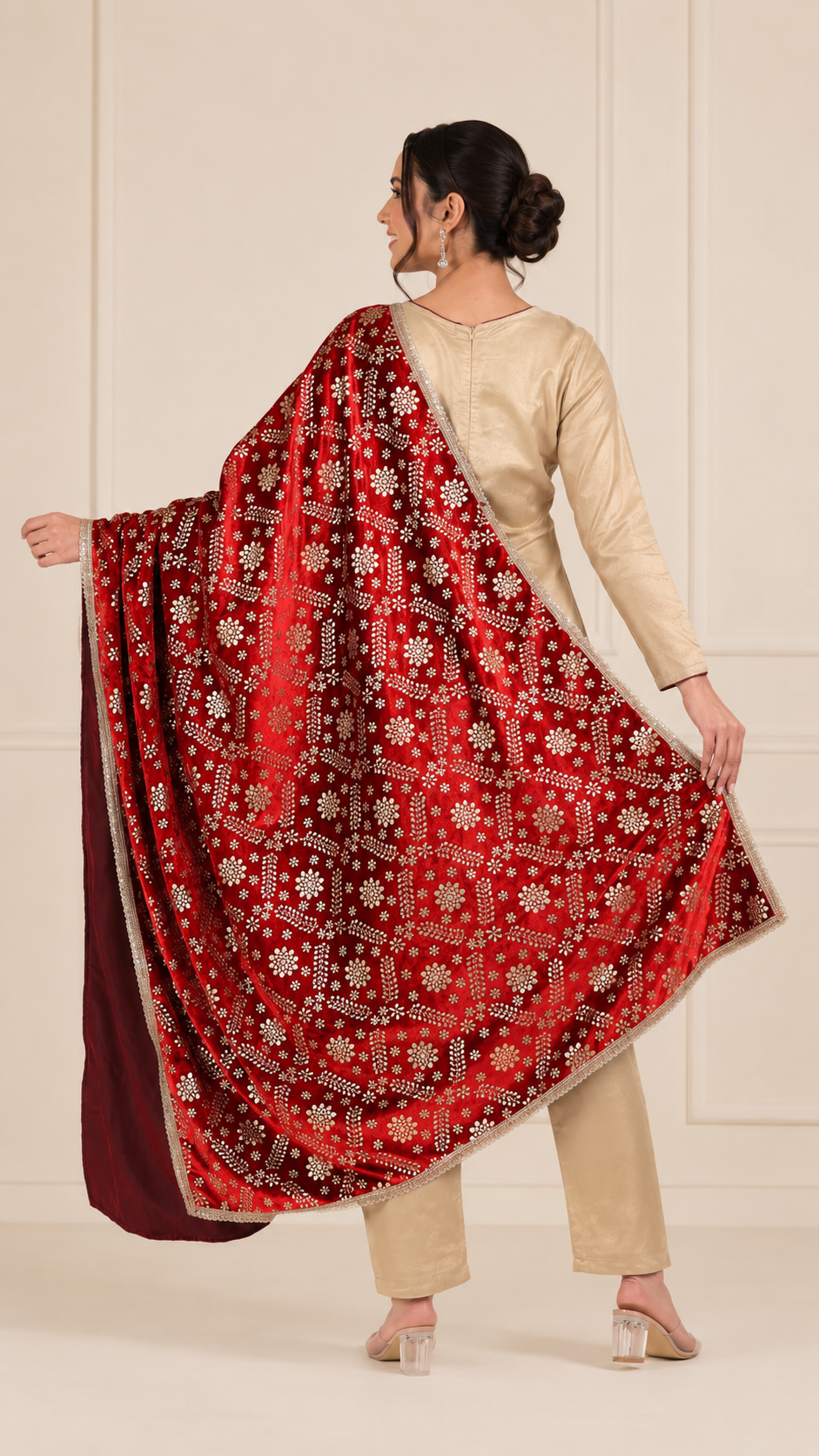 Gold beige women’s salwar kameez suit with matching trousers and red embroidered dupatta, elegant Asian ethnic wear by Diya Online