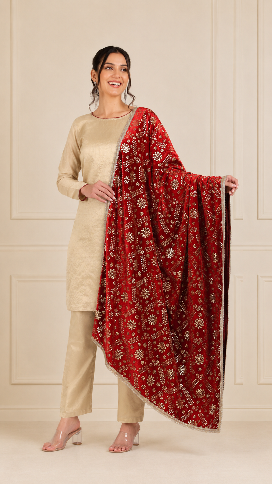 Gold beige women’s salwar kameez suit with matching trousers and red embroidered dupatta, elegant Asian ethnic wear by Diya Online