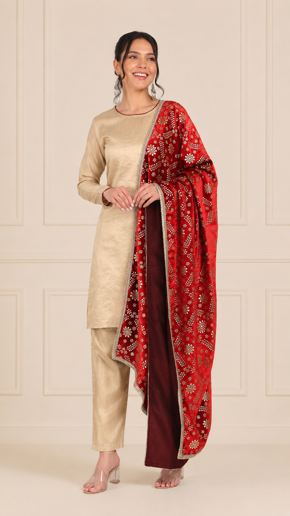 Gold beige women’s salwar kameez suit with matching trousers and red embroidered dupatta, elegant Asian ethnic wear by Diya Online