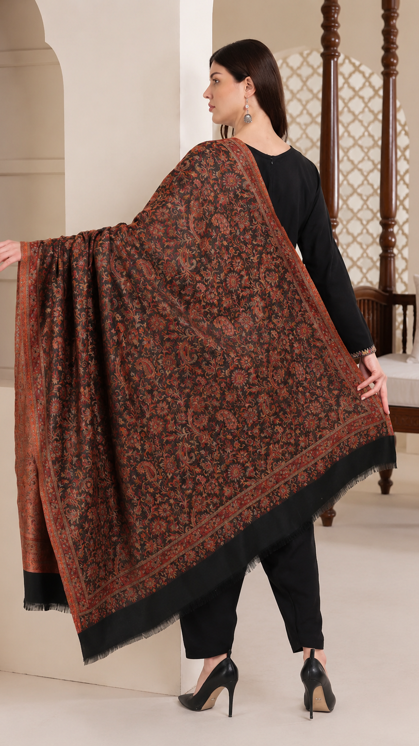 Black women’s salwar kameez suit with matching trousers and rust printed shawl dupatta, elegant Asian ethnic wear by Diya Online