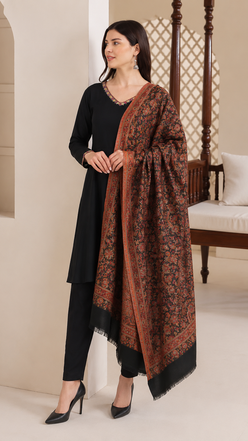 Black women’s salwar kameez suit with matching trousers and rust printed shawl dupatta, elegant Asian ethnic wear by Diya Online