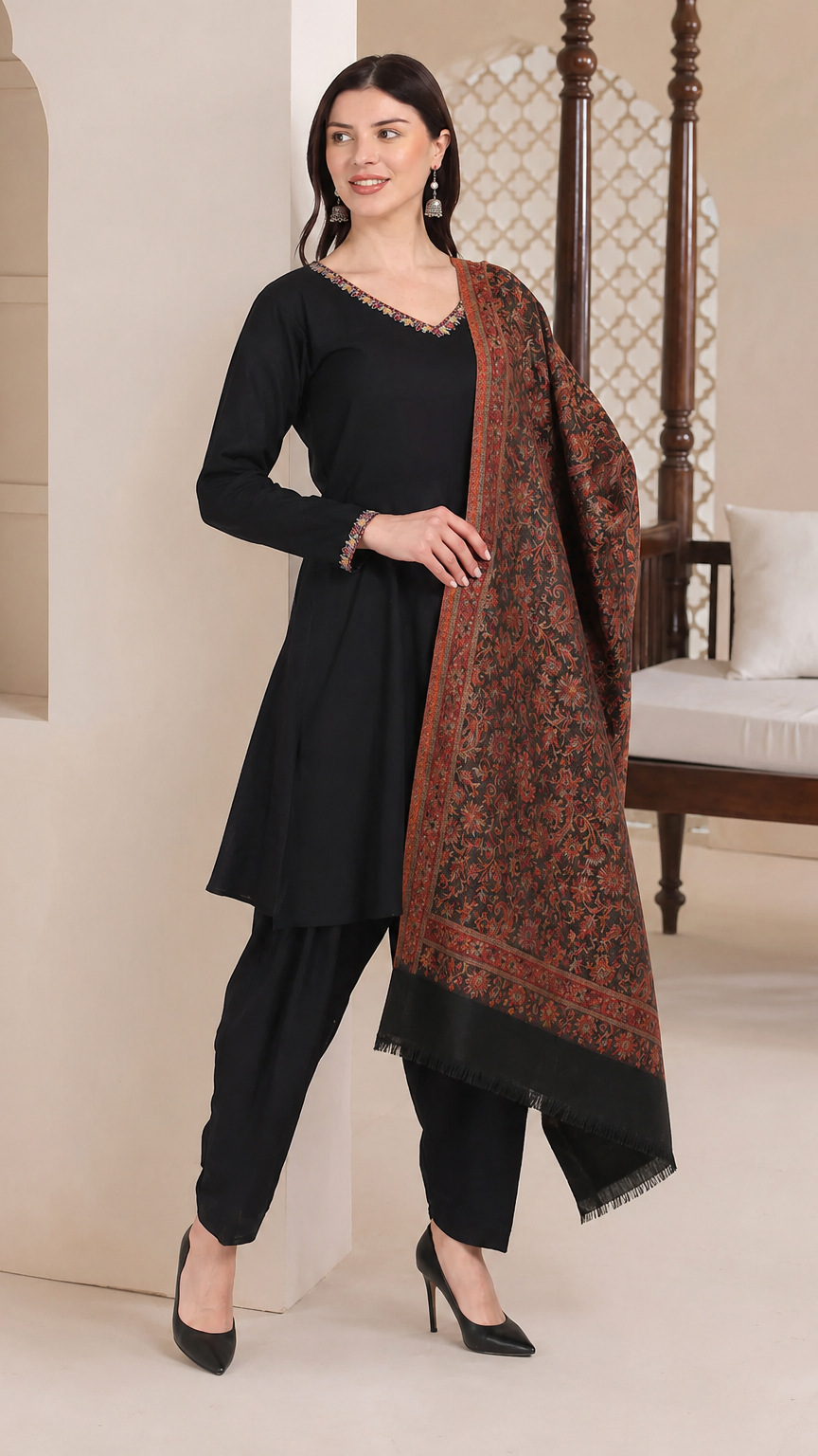 Black women’s salwar kameez suit with matching trousers and rust printed shawl dupatta, elegant Asian ethnic wear by Diya Online