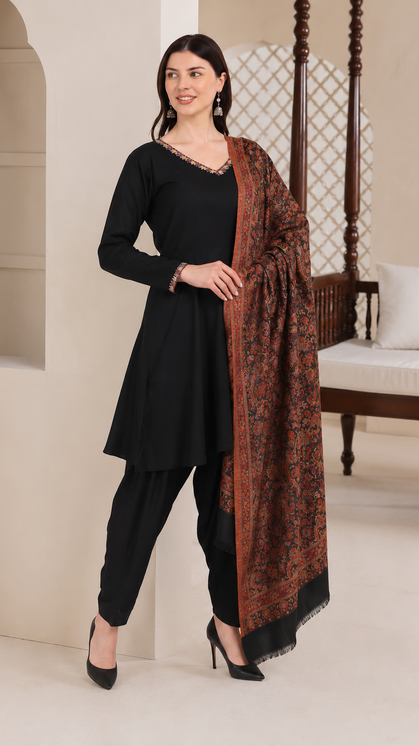 Black women’s salwar kameez suit with matching trousers and rust printed shawl dupatta, elegant Asian ethnic wear by Diya Online
