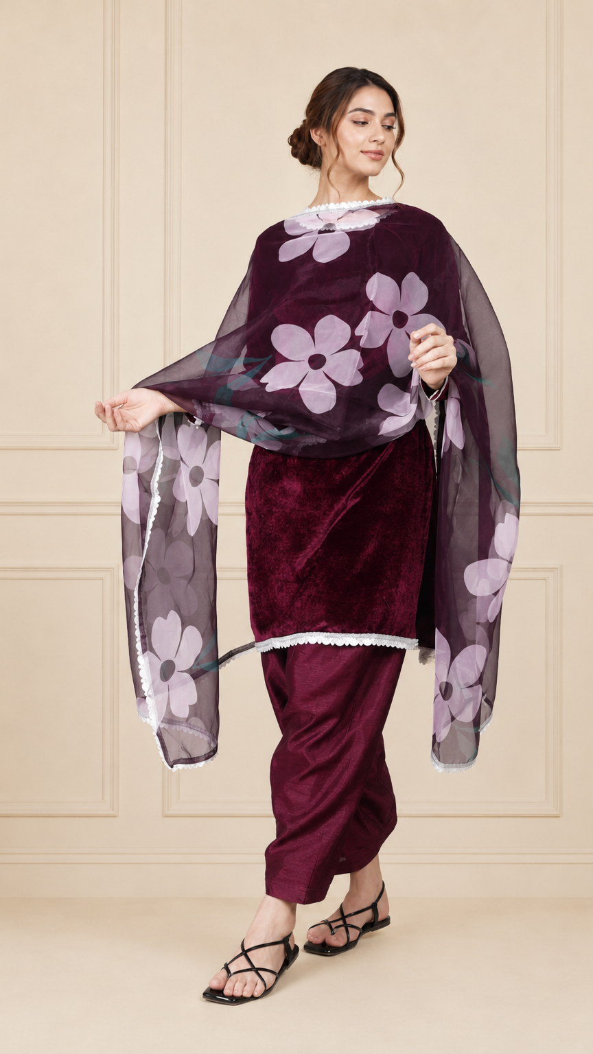 Plum burgundy velvet women’s salwar kameez suit with matching salwar trousers and floral organza dupatta, elegant Asian ethnic wear by Diya Online