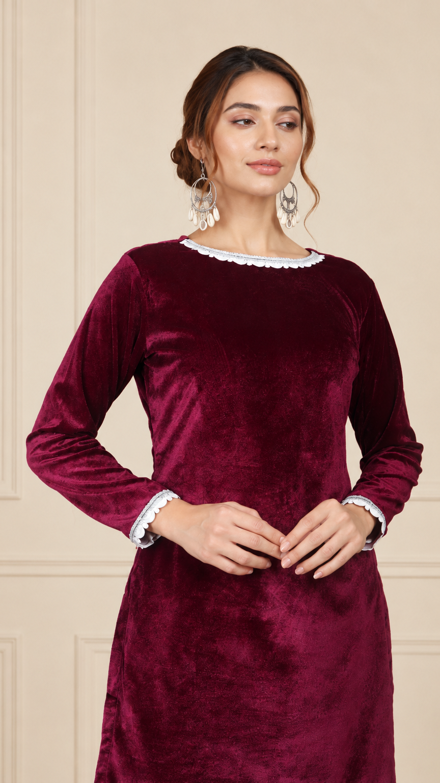Plum burgundy velvet women’s salwar kameez suit with matching salwar trousers and floral organza dupatta, elegant Asian ethnic wear by Diya Online