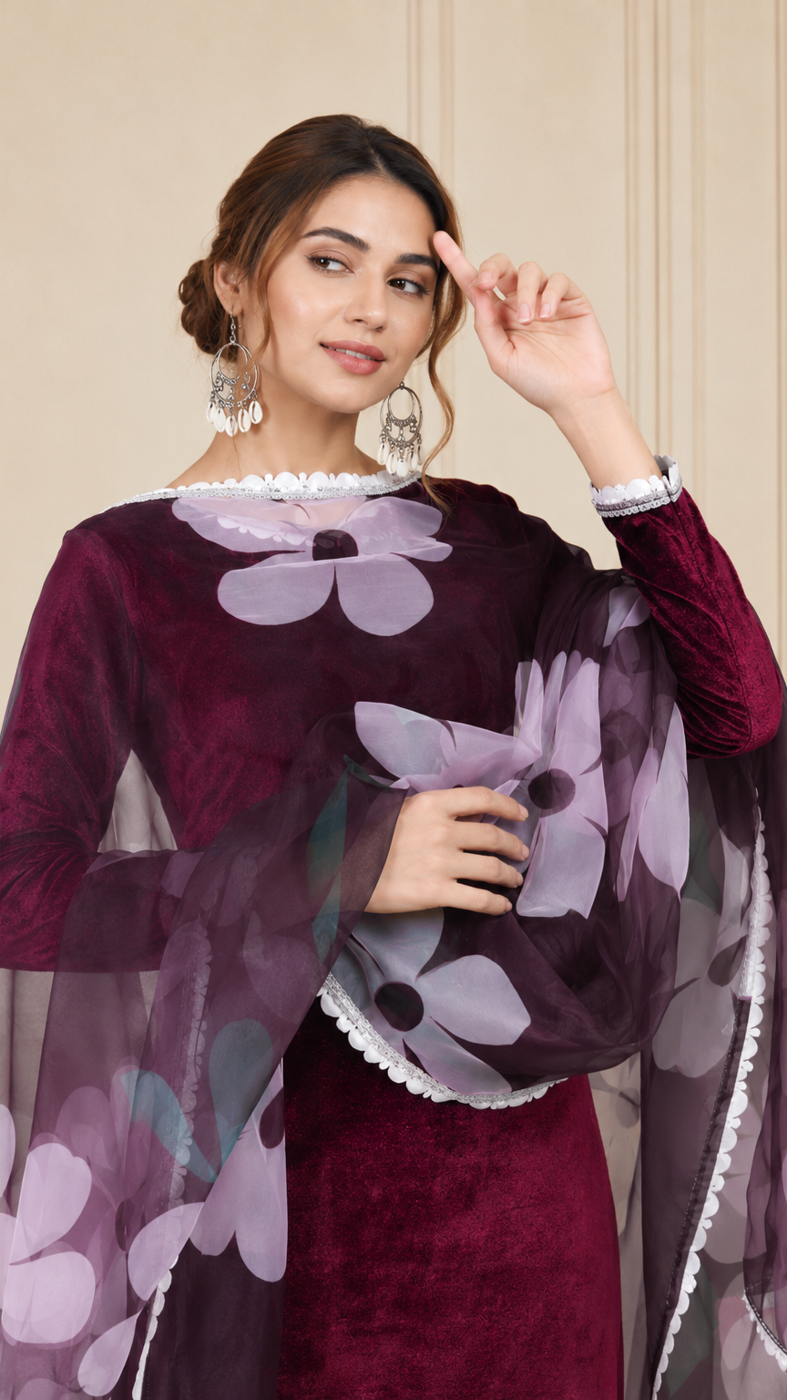 Plum burgundy velvet women’s salwar kameez suit with matching salwar trousers and floral organza dupatta, elegant Asian ethnic wear by Diya Online