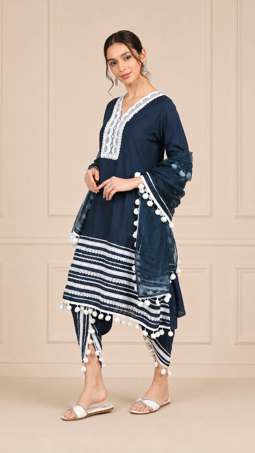 Navy blue women’s salwar kameez suit with white embroidery, tulip trousers and pom pom dupatta, modest Asian ethnic wear by Diya Online