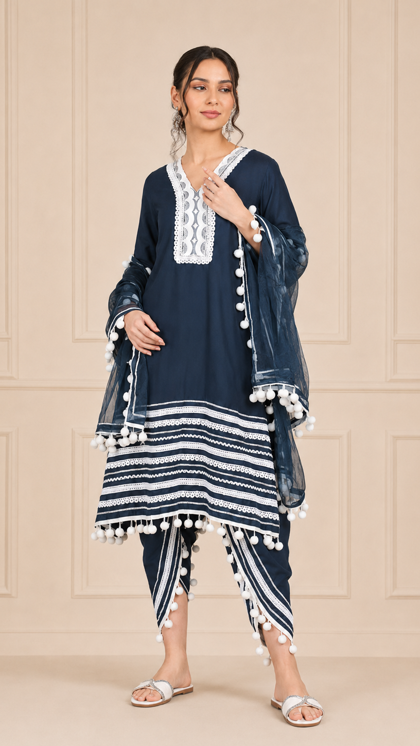 Navy blue women’s salwar kameez suit with white embroidery, tulip trousers and pom pom dupatta, modest Asian ethnic wear by Diya Online