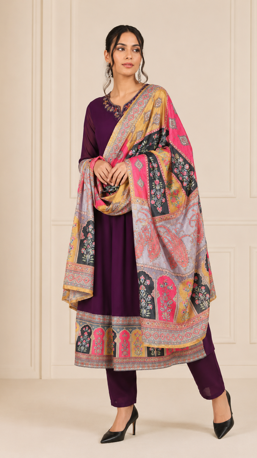 Plum purple women’s printed salwar kameez suit with matching trousers and multicolour dupatta, elegant Asian ethnic wear by Diya Online