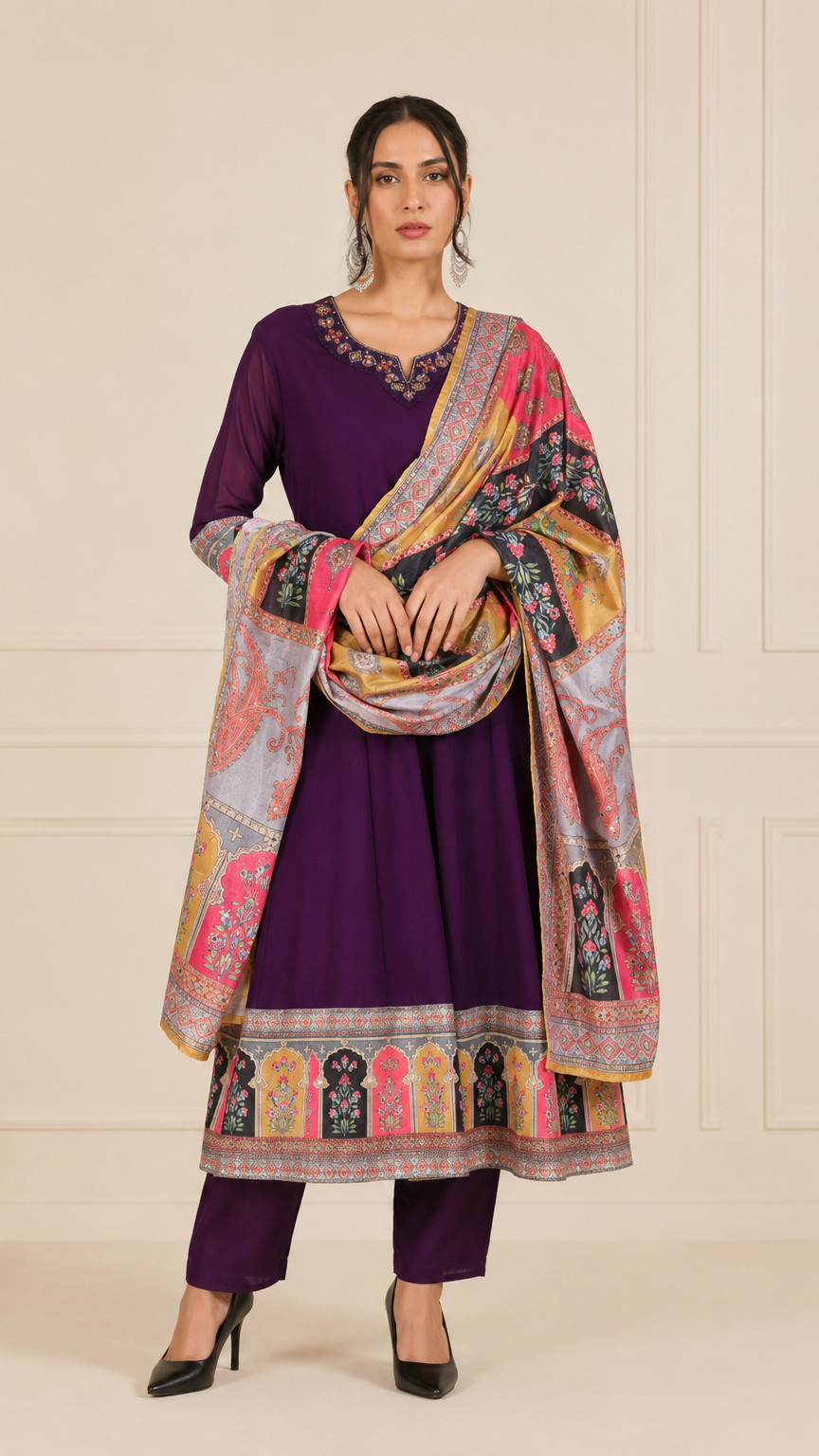 Plum purple women’s printed salwar kameez suit with matching trousers and multicolour dupatta, elegant Asian ethnic wear by Diya Online
