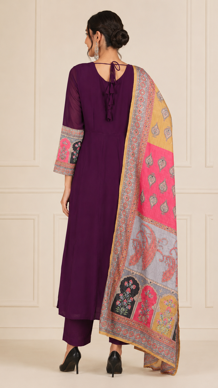 Plum purple women’s printed salwar kameez suit with matching trousers and multicolour dupatta, elegant Asian ethnic wear by Diya Online