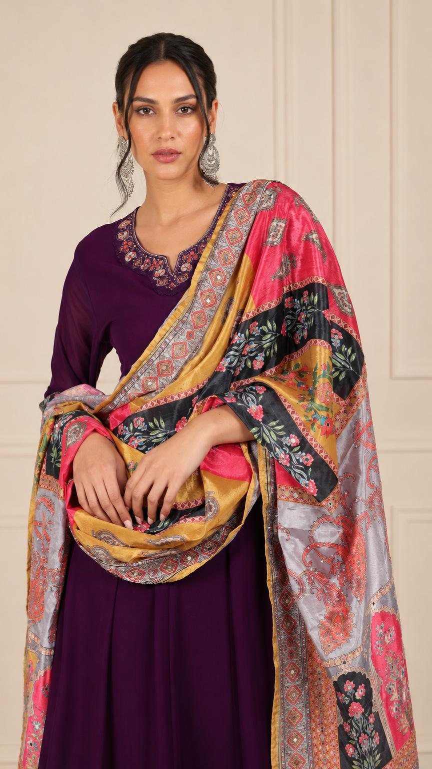 Plum purple women’s printed salwar kameez suit with matching trousers and multicolour dupatta, elegant Asian ethnic wear by Diya Online