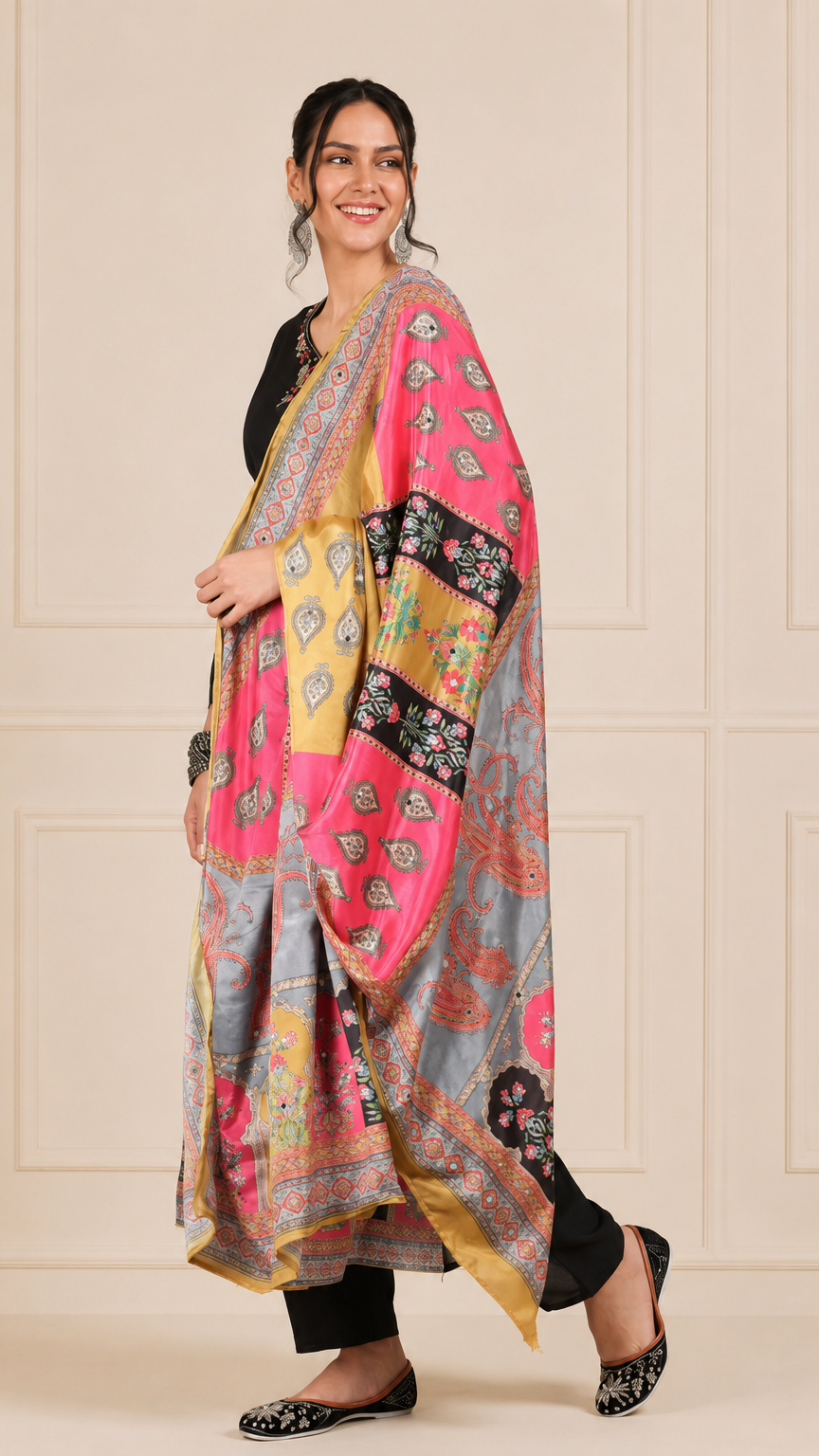 Black women’s printed salwar kameez suit with matching trousers and multicolour dupatta, elegant Asian ethnic wear by Diya Online