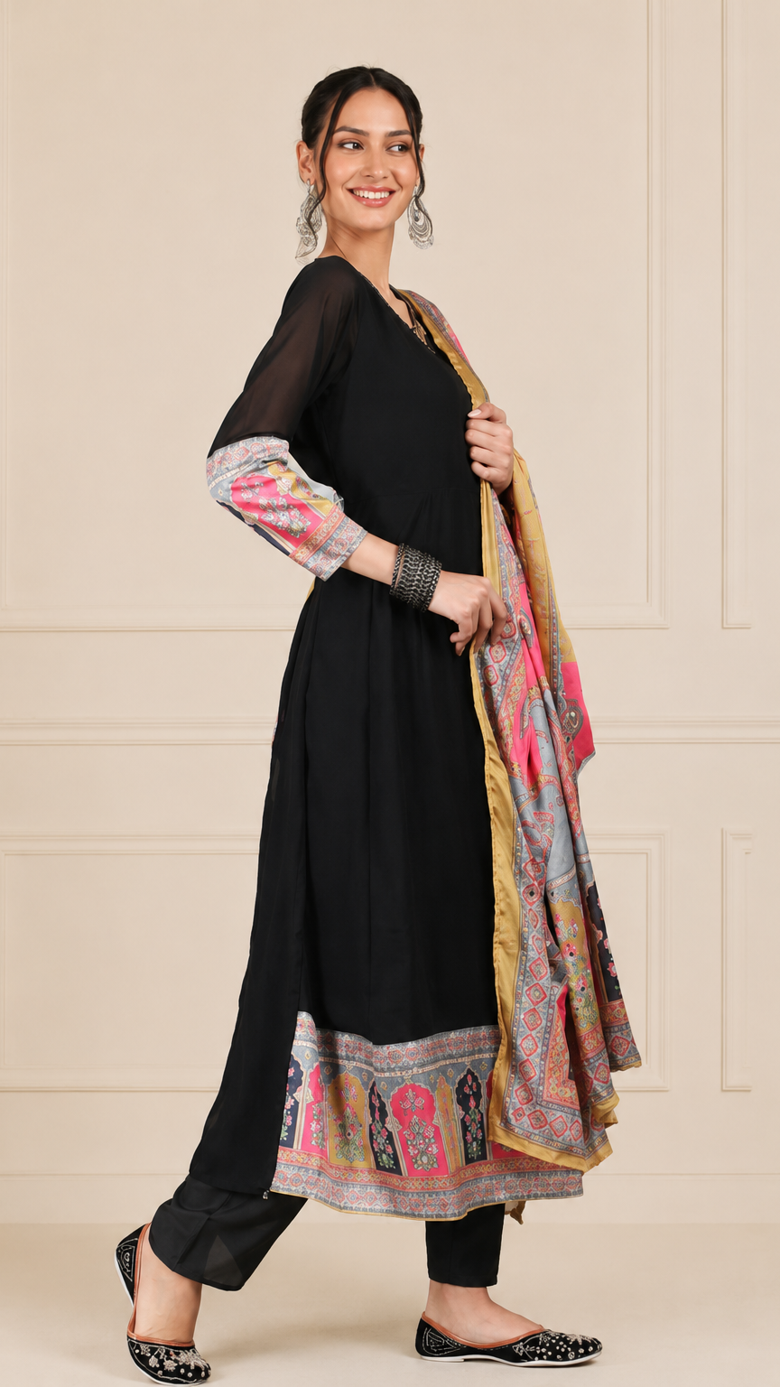 Black women’s printed salwar kameez suit with matching trousers and multicolour dupatta, elegant Asian ethnic wear by Diya Online