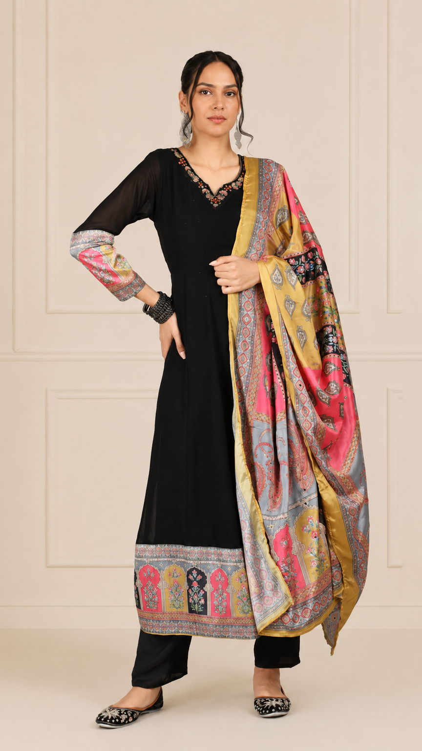 Black women’s printed salwar kameez suit with matching trousers and multicolour dupatta, elegant Asian ethnic wear by Diya Online