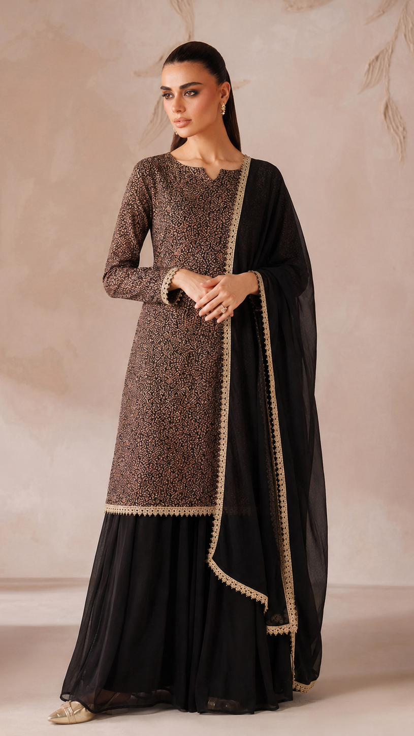 Rust brown and black women’s printed salwar kameez suit with sharara trousers and sheer dupatta, elegant Asian ethnic wear by Diya Online