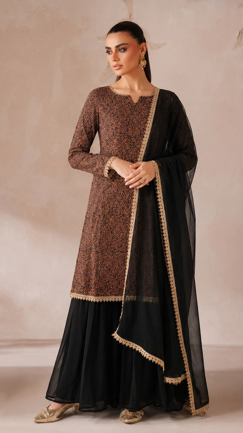 Rust brown and black women’s printed salwar kameez suit with sharara trousers and sheer dupatta, elegant Asian ethnic wear by Diya Online