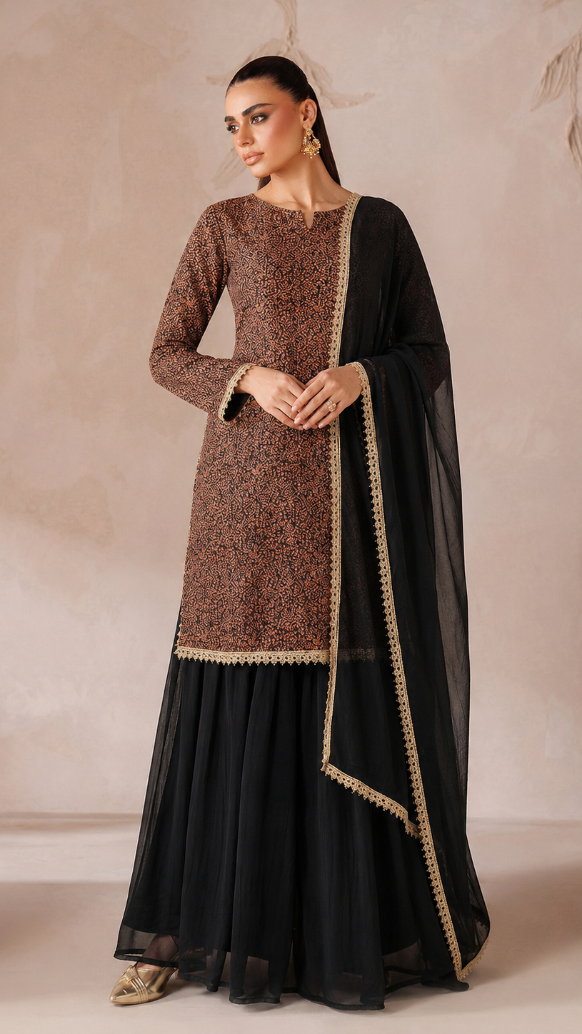Rust brown and black women’s printed salwar kameez suit with sharara trousers and sheer dupatta, elegant Asian ethnic wear by Diya Online
