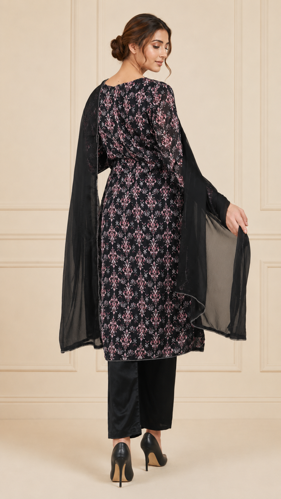 Black women’s floral printed salwar kameez suit with matching trousers and sheer chiffon dupatta, modest Asian ethnic wear by Diya Online