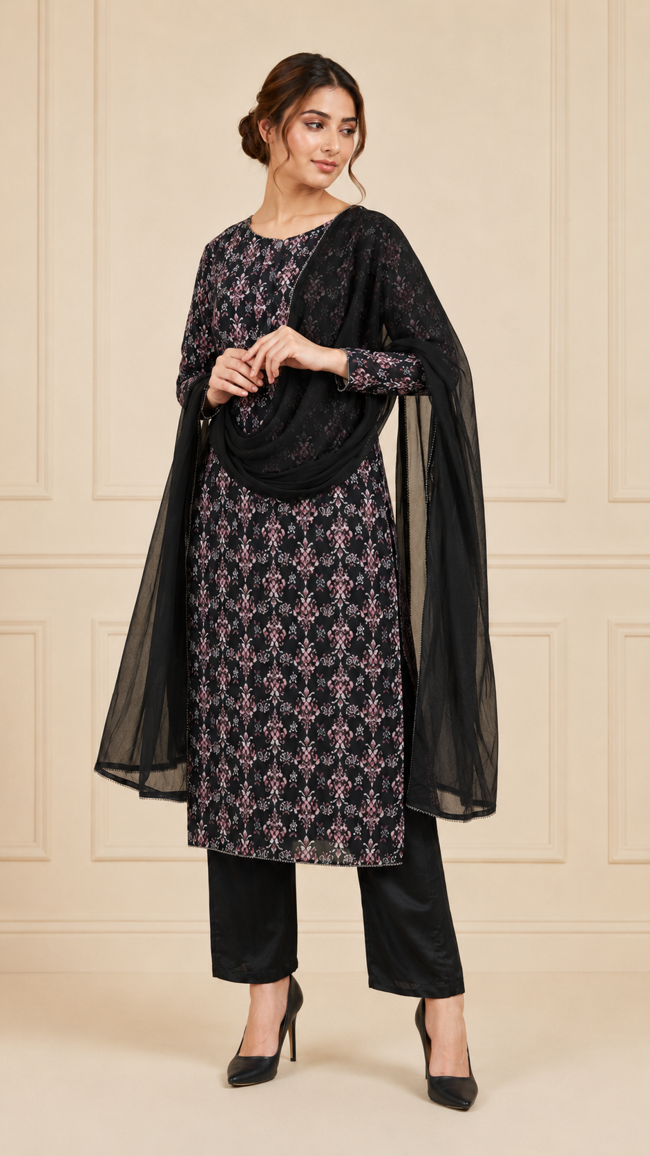 Black women’s floral printed salwar kameez suit with matching trousers and sheer chiffon dupatta, modest Asian ethnic wear by Diya Online