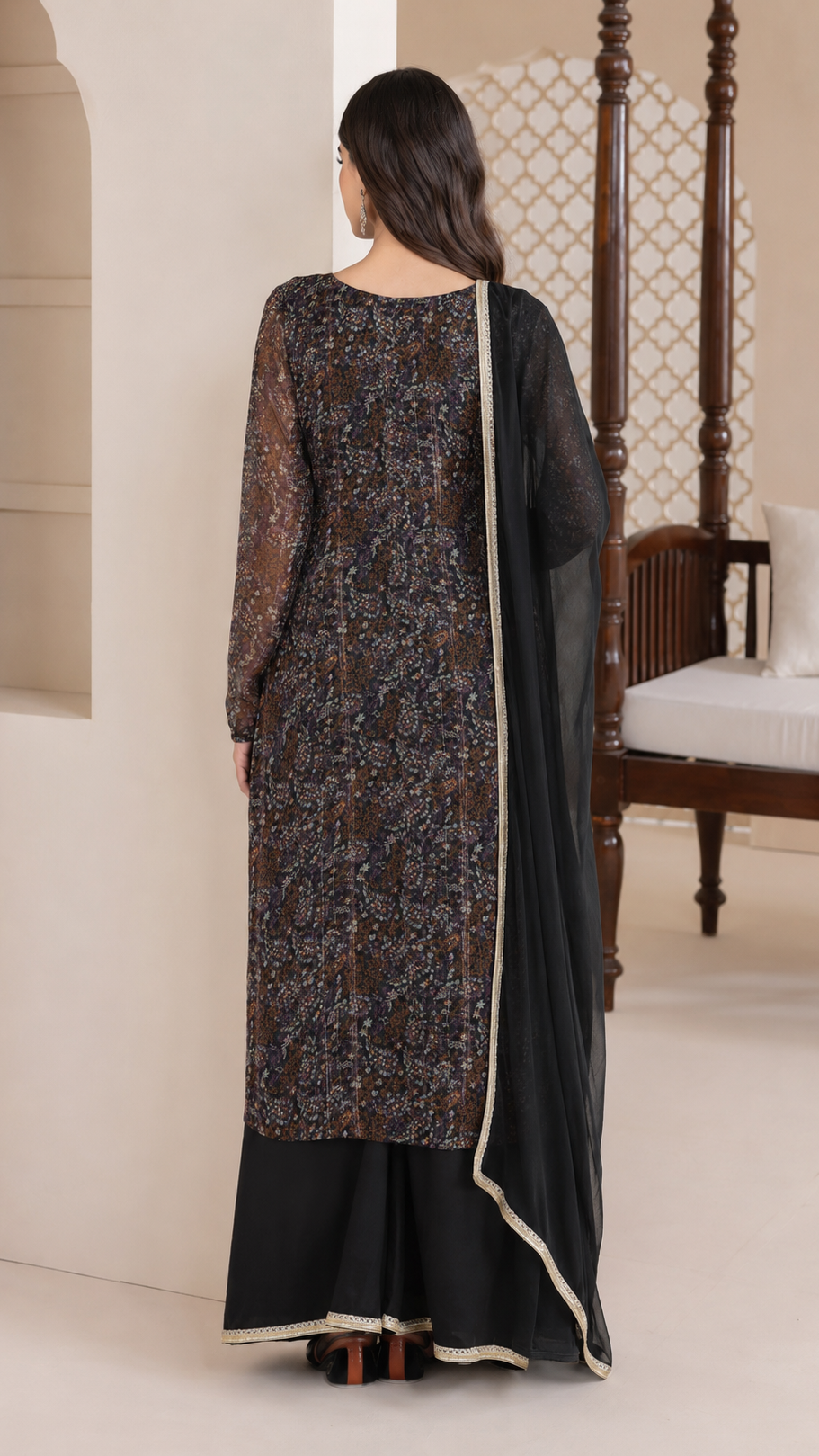 Black and bronze women’s printed salwar kameez suit with sharara trousers and chiffon dupatta, elegant Asian ethnic wear by Diya Online