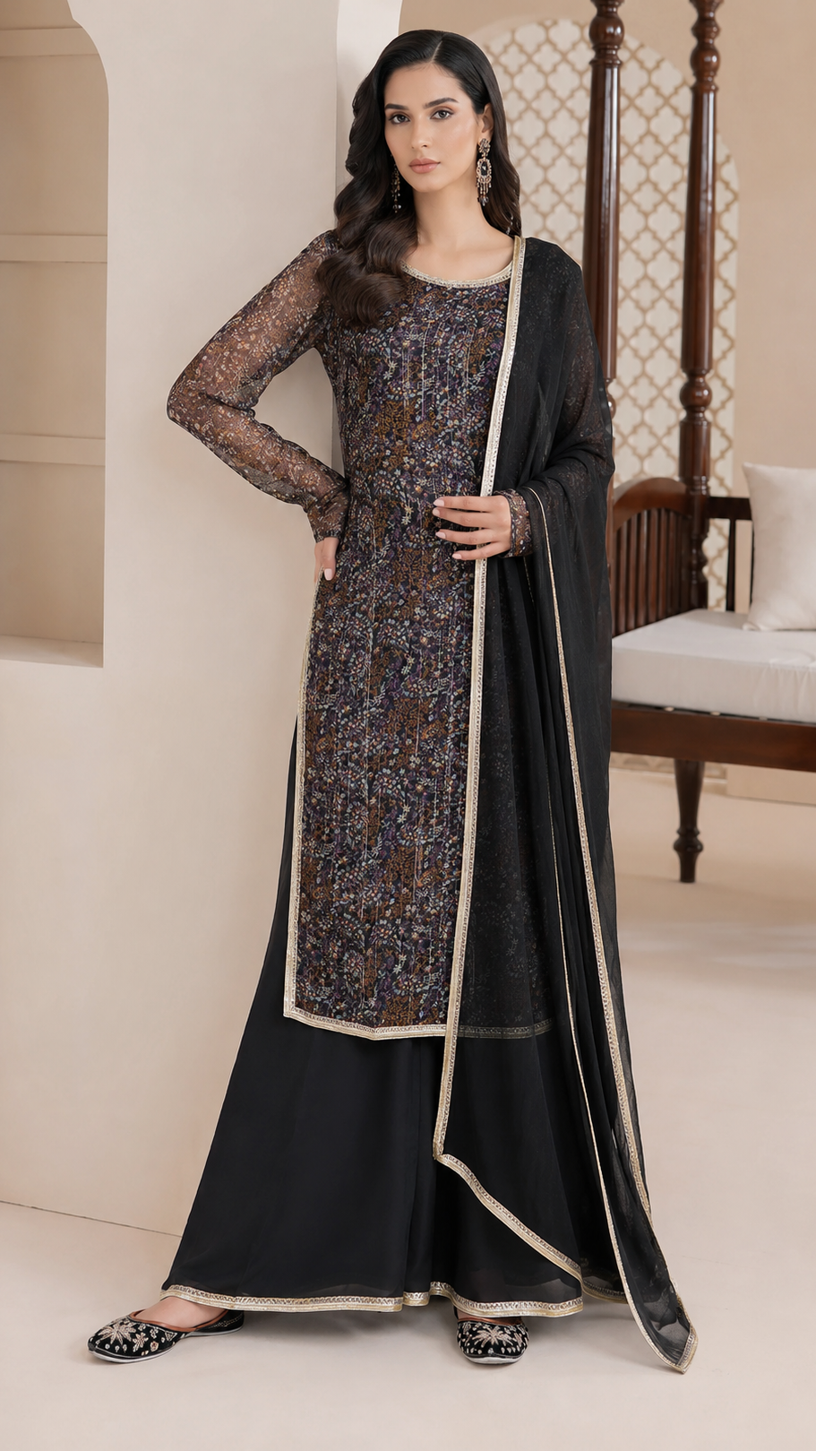 Black and bronze women’s printed salwar kameez suit with sharara trousers and chiffon dupatta, elegant Asian ethnic wear by Diya Online