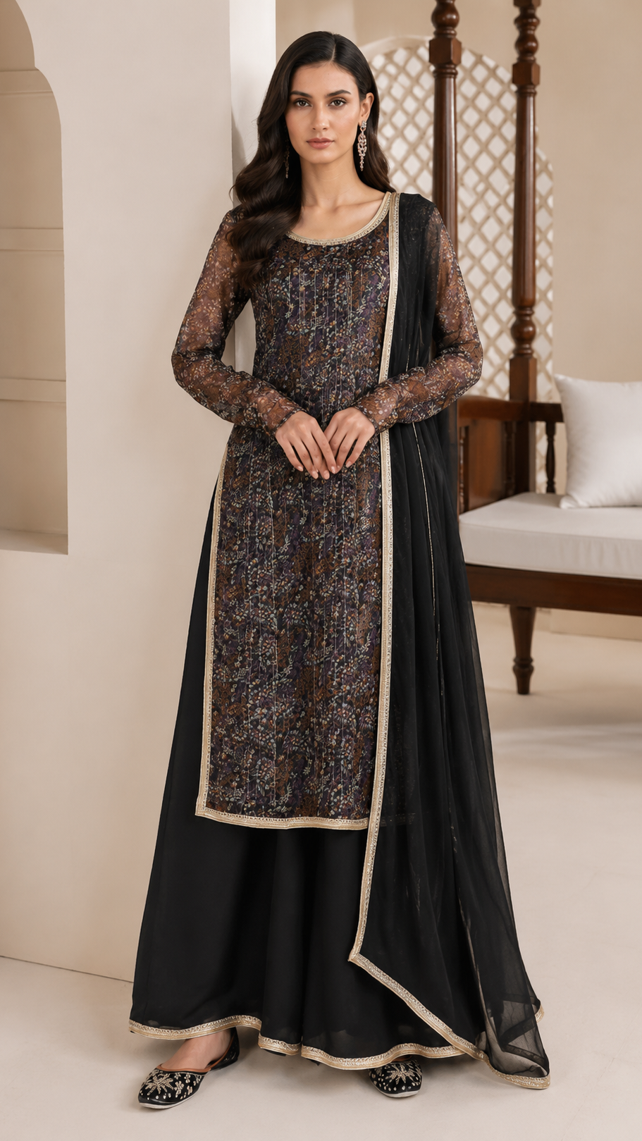 Black and bronze women’s printed salwar kameez suit with sharara trousers and chiffon dupatta, elegant Asian ethnic wear by Diya Online