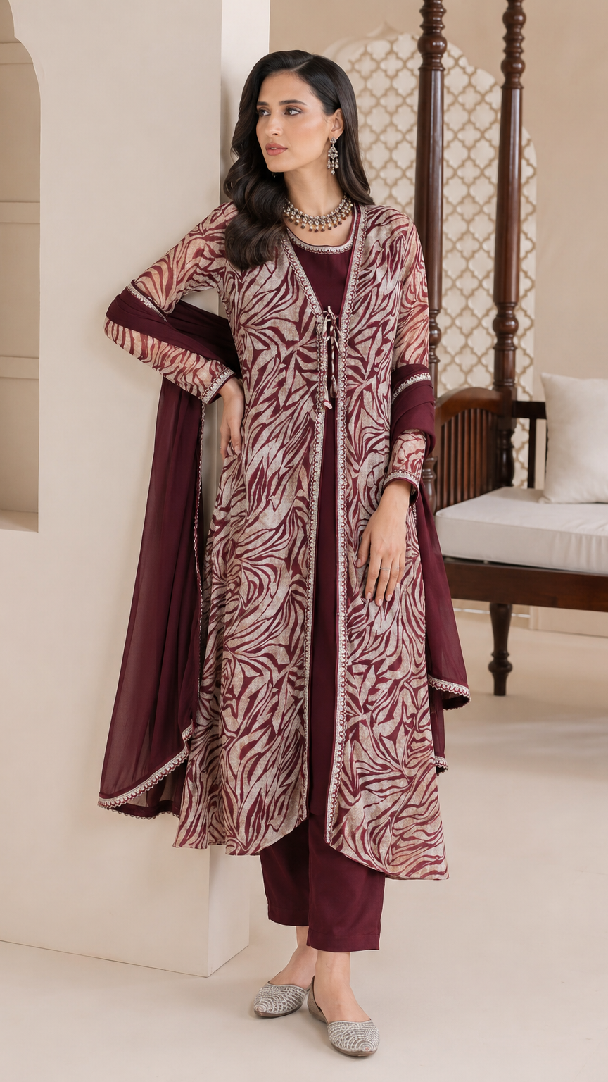 Burgundy and beige women’s printed salwar kameez suit with matching trousers and chiffon dupatta, elegant Asian ethnic wear by Diya Online