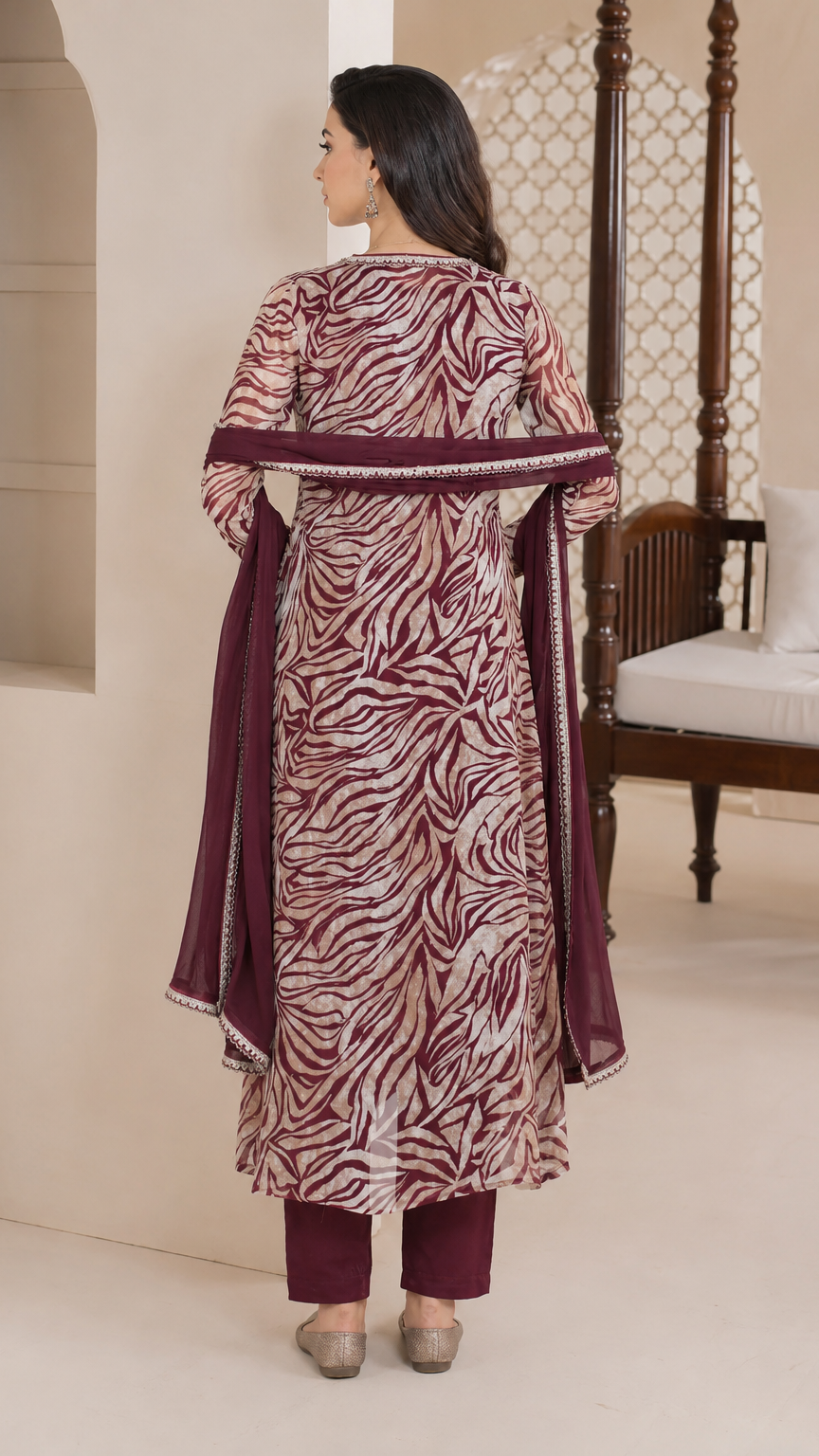 Burgundy and beige women’s printed salwar kameez suit with matching trousers and chiffon dupatta, elegant Asian ethnic wear by Diya Online