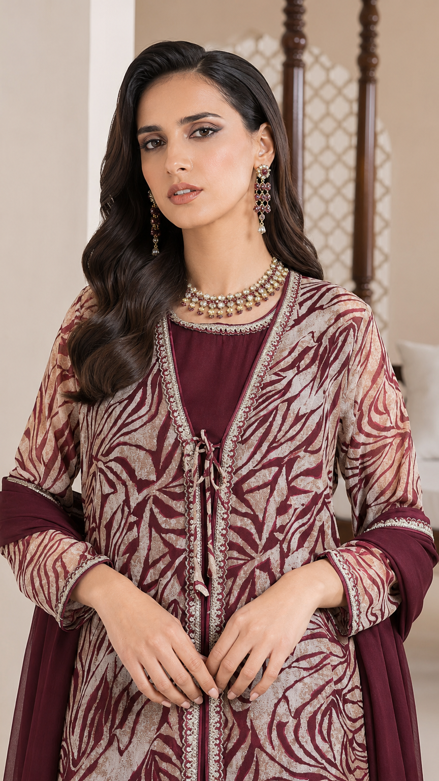 Burgundy and beige women’s printed salwar kameez suit with matching trousers and chiffon dupatta, elegant Asian ethnic wear by Diya Online