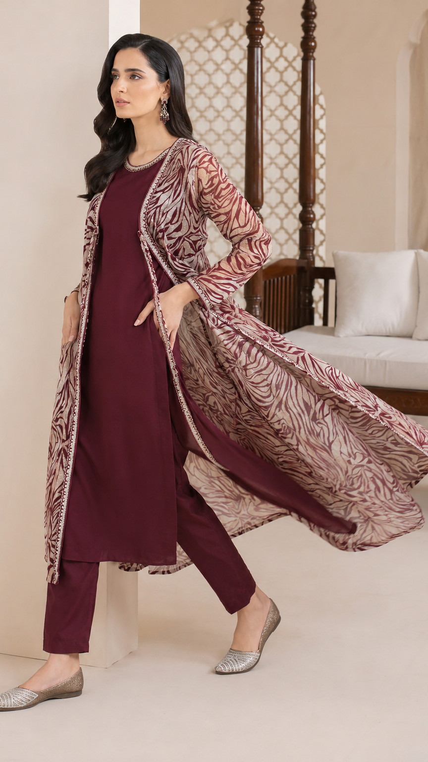 Burgundy and beige women’s printed salwar kameez suit with matching trousers and chiffon dupatta, elegant Asian ethnic wear by Diya Online