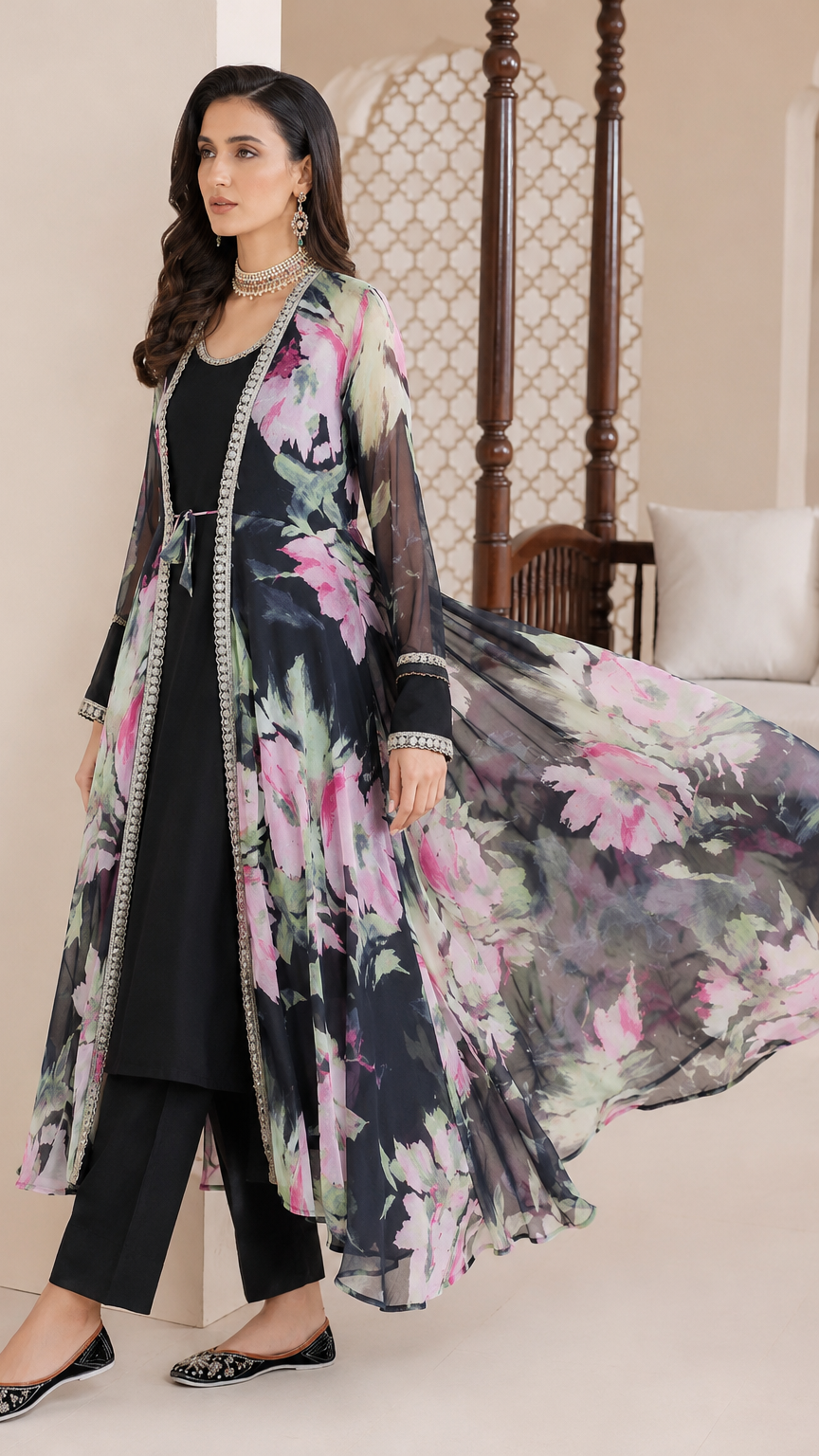 Black women’s floral jacket-style salwar kameez suit with matching trousers and chiffon dupatta, elegant Asian ethnic wear by Diya Online