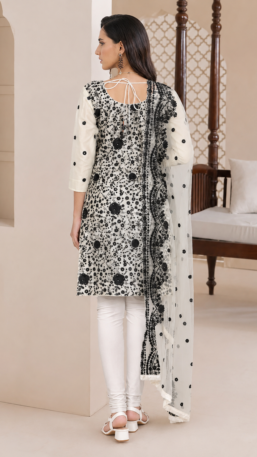 White and black women’s printed salwar kameez suit with churidar trousers and patterned dupatta, elegant Asian ethnic wear by Diya Online