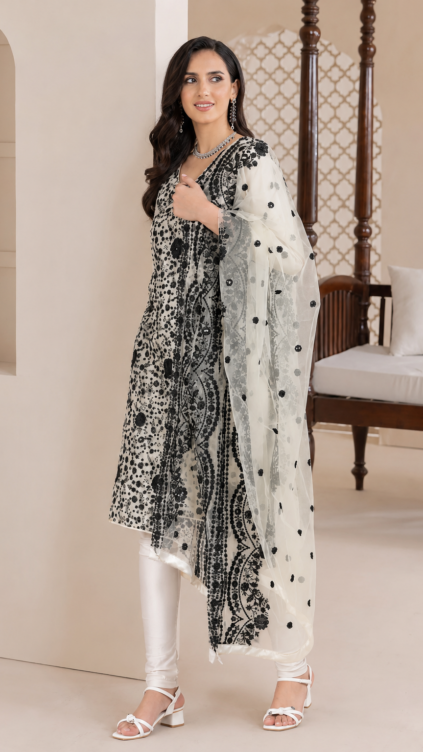 White and black women’s printed salwar kameez suit with churidar trousers and patterned dupatta, elegant Asian ethnic wear by Diya Online