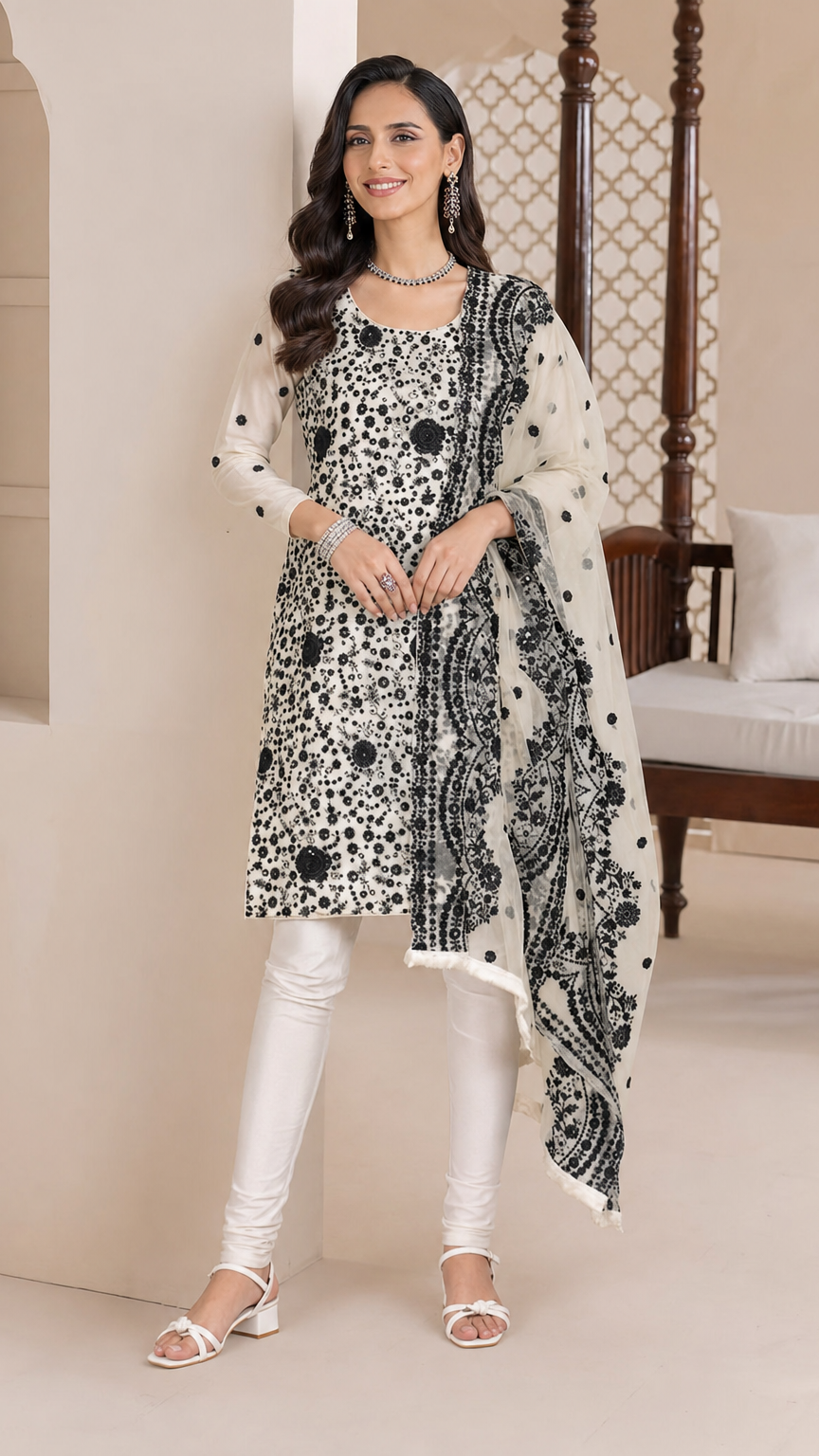 White and black women’s printed salwar kameez suit with churidar trousers and patterned dupatta, elegant Asian ethnic wear by Diya Online