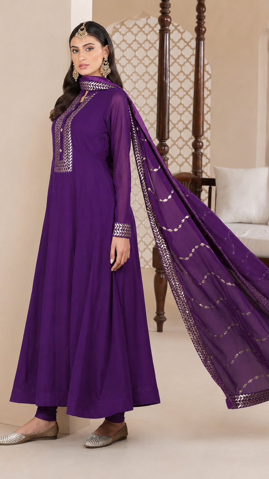 Royal purple women’s embroidered Anarkali salwar kameez suit with matching trousers and chiffon dupatta, elegant Asian occasion wear by Diya Online