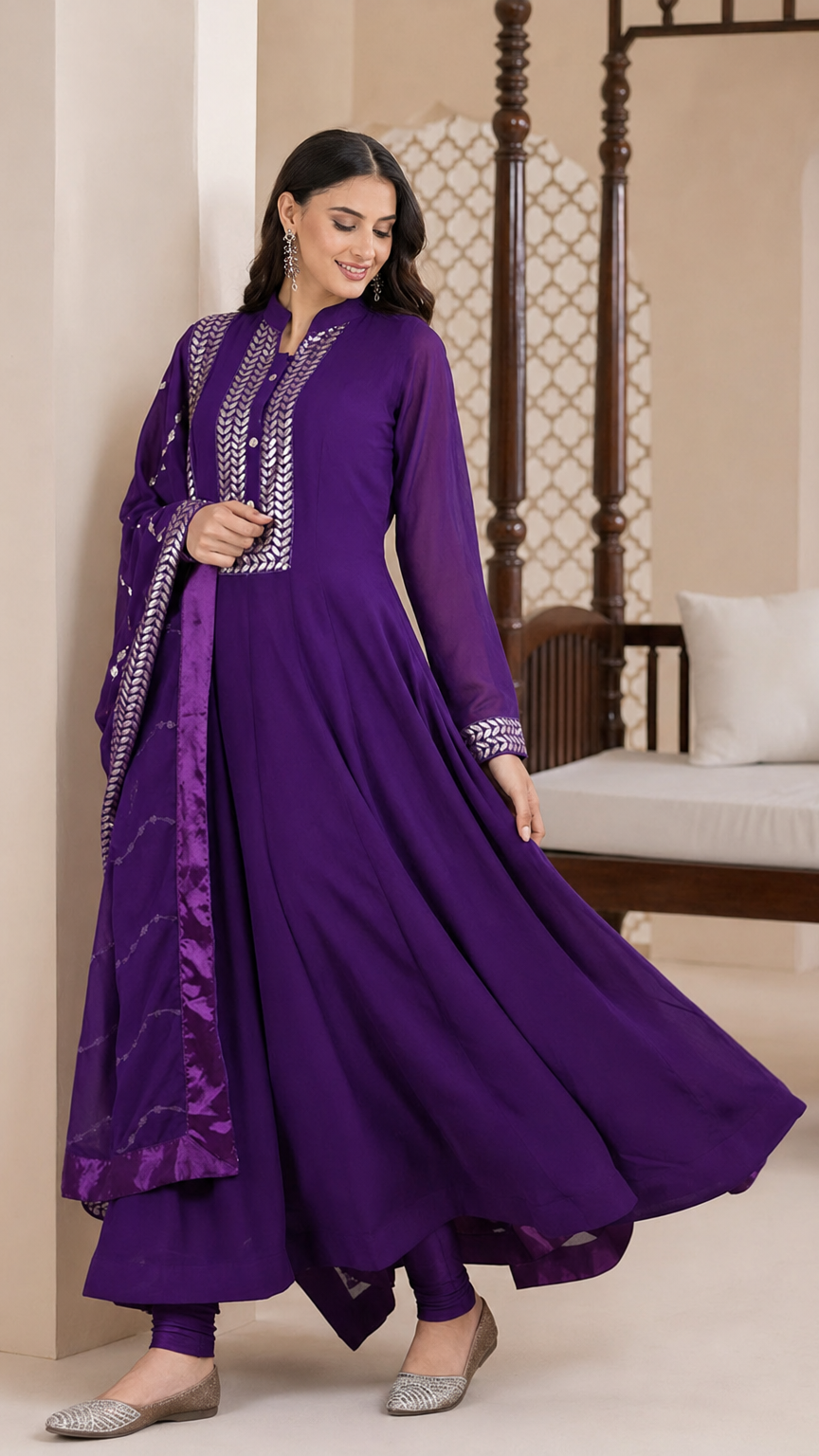 Royal purple women’s embroidered Anarkali salwar kameez suit with matching trousers and chiffon dupatta, elegant Asian occasion wear by Diya Online