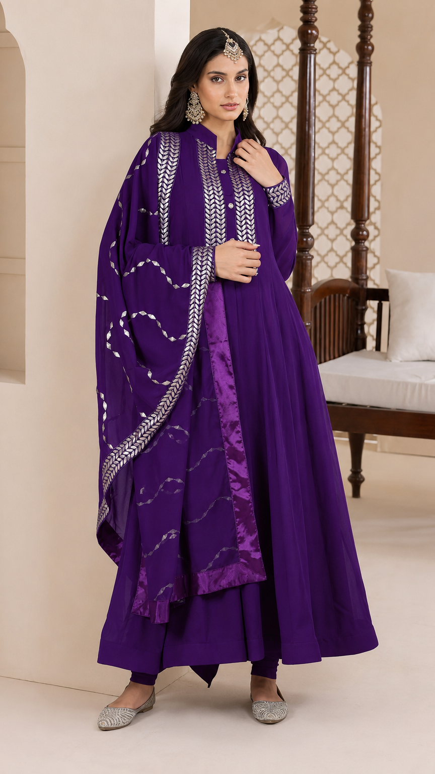 Royal purple women’s embroidered Anarkali salwar kameez suit with matching trousers and chiffon dupatta, elegant Asian occasion wear by Diya Online