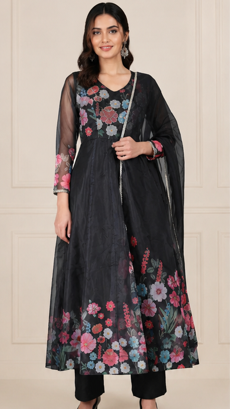 Black women’s floral Anarkali salwar kameez suit with matching trousers and sheer dupatta, elegant Asian ethnic wear by Diya Online