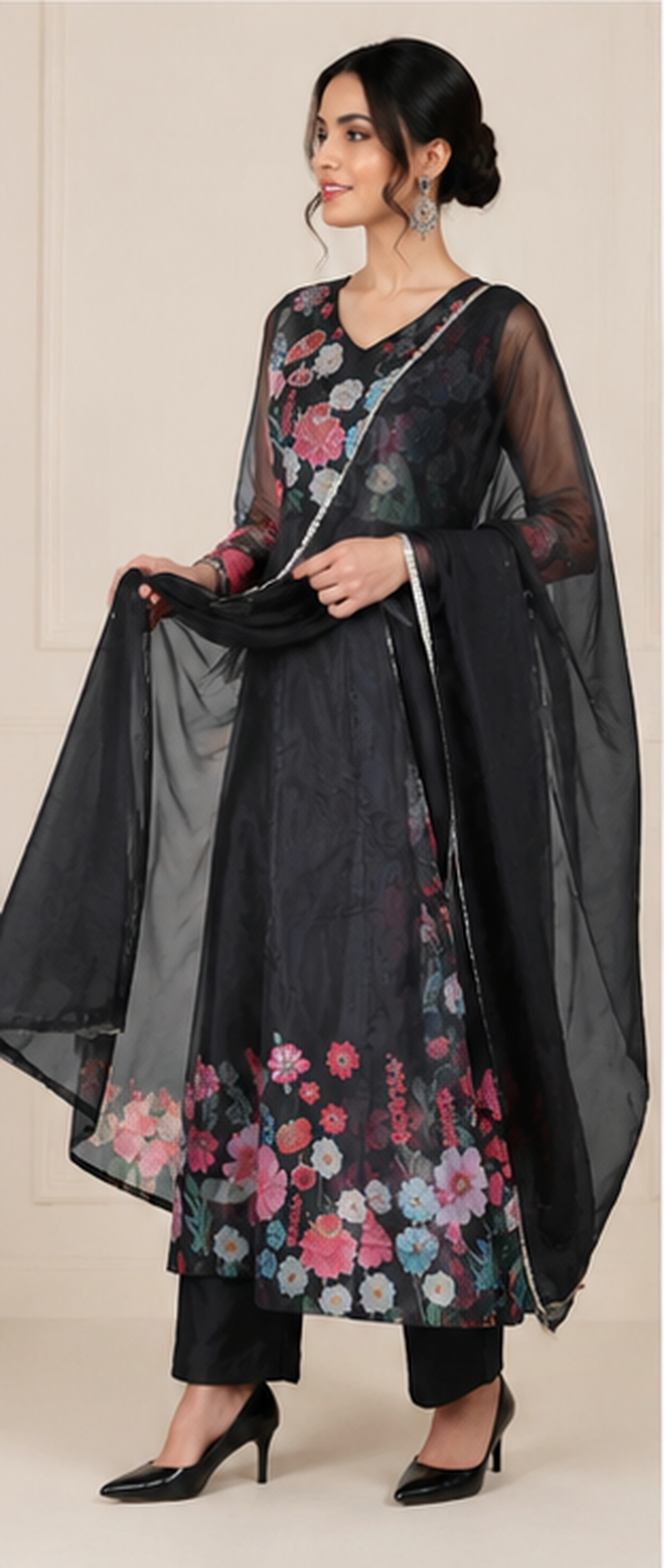 Black women’s floral Anarkali salwar kameez suit with matching trousers and sheer dupatta, elegant Asian ethnic wear by Diya Online