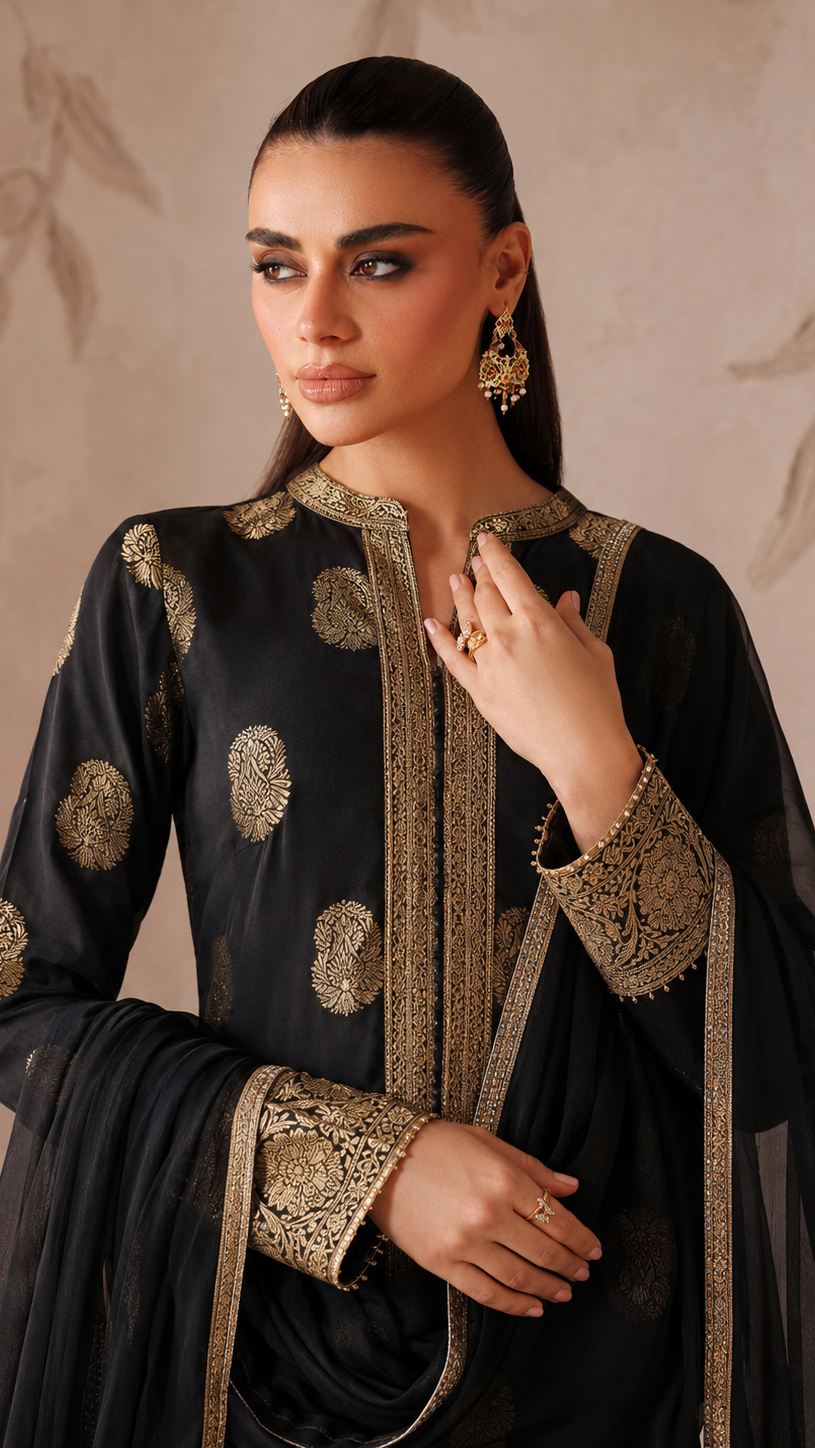 Black and gold women’s embroidered salwar kameez suit with matching trousers and sheer dupatta, luxury Asian ethnic wear by Diya Online