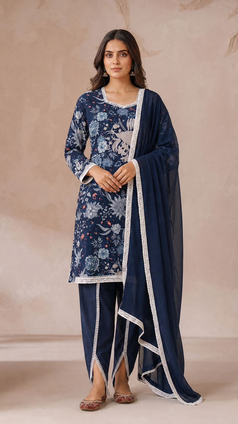Navy blue women’s floral salwar kameez suit with matching split-hem trousers and chiffon dupatta, elegant Asian ethnic wear by Diya Online