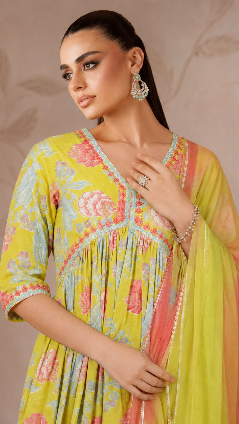 Lime yellow women’s floral Anarkali salwar kameez suit with matching trousers and chiffon dupatta, summer Asian ethnic wear by Diya Online