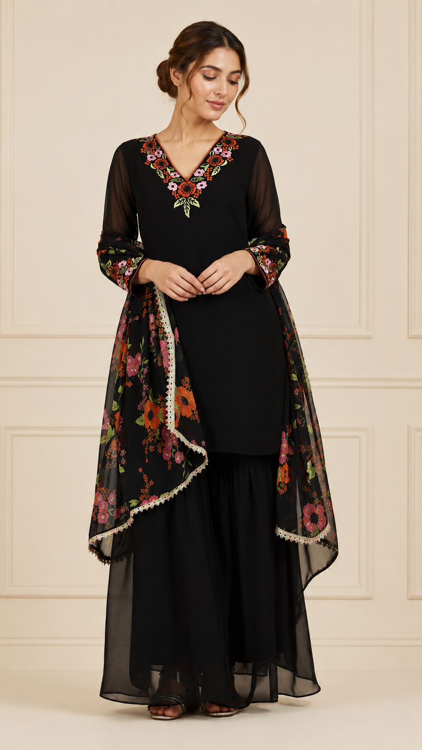 Black women’s embroidered salwar kameez suit with matching sharara trousers and floral printed dupatta, elegant Asian ethnic wear by Diya Online