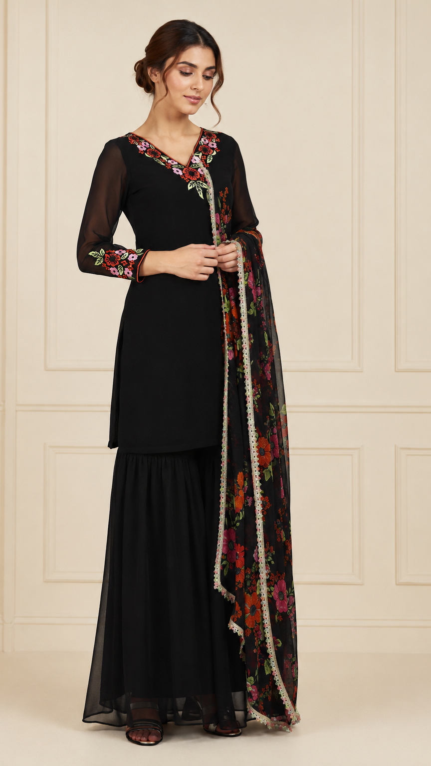 Black women’s embroidered salwar kameez suit with matching sharara trousers and floral printed dupatta, elegant Asian ethnic wear by Diya Online