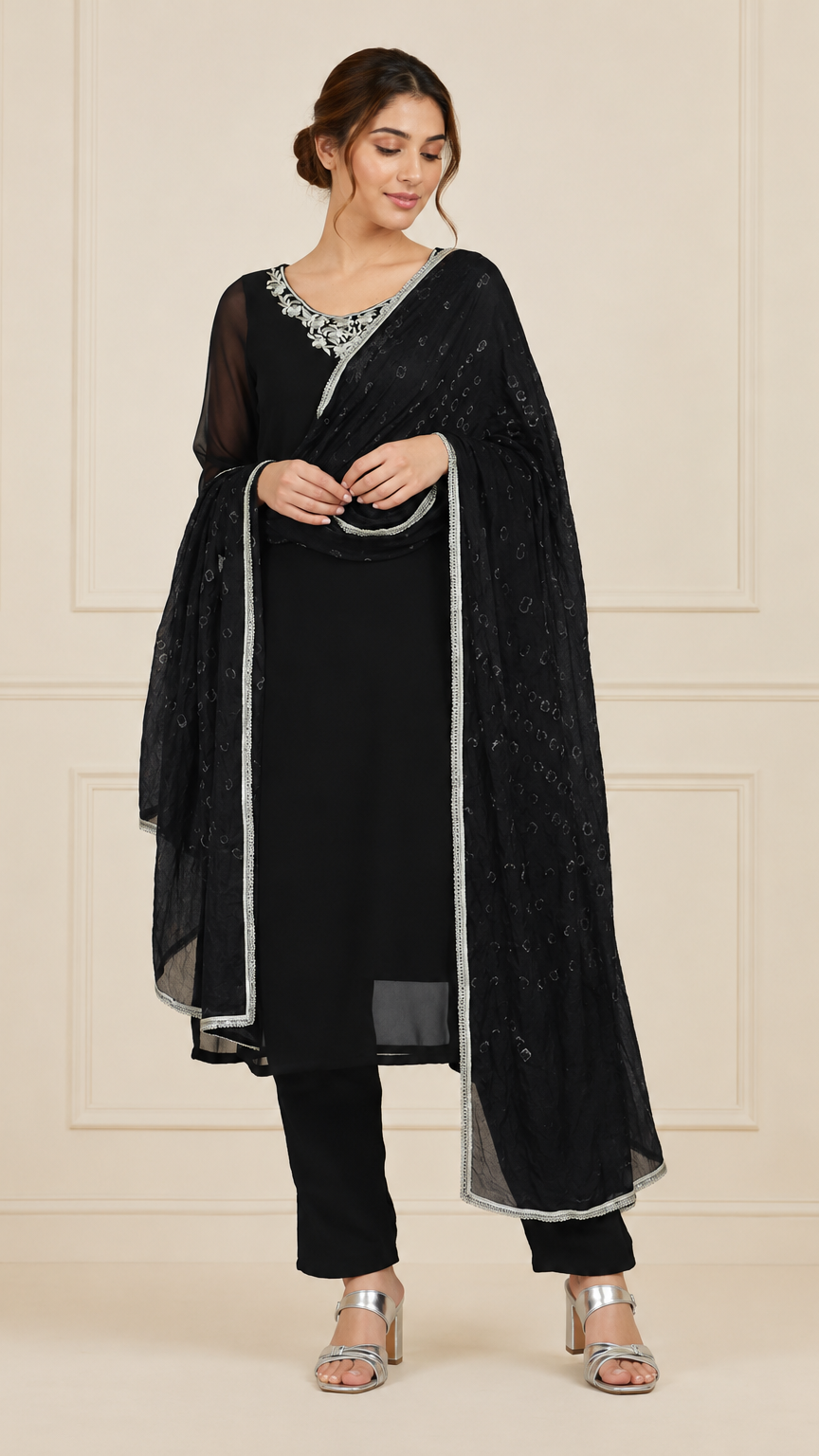 Black women’s embroidered salwar kameez suit with matching trousers, sheer chiffon dupatta and silver trim, elegant Asian ethnic wear by Diya Online