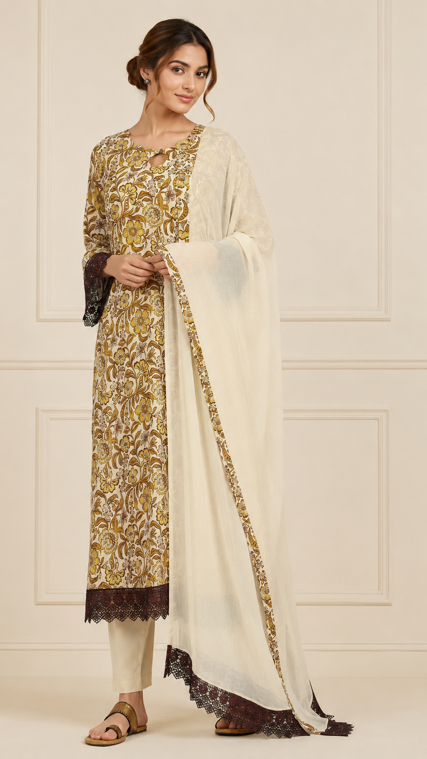 Cream and mustard floral women’s salwar kameez suit with matching trousers and chiffon dupatta, brown lace trim Asian ethnic wear by Diya Online